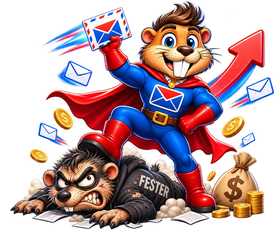 The Bucktooth Mail beaver standing triumphant over Fester, the defeated spam-folder villain
