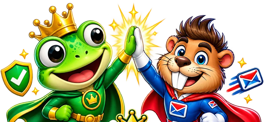 Frog Eyes, the crowned compliance frog, high-fiving the Bucktooth Mail beaver