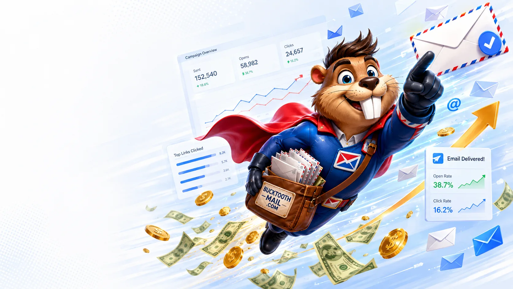 The Bucktooth Mail beaver in flight, delivering mail past campaign dashboards